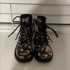 Miss Lola Black Floral Lace-Up Kids Boots